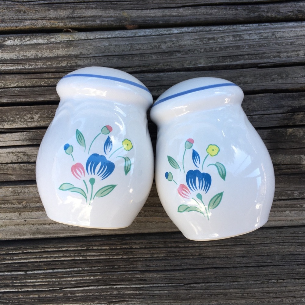Floral Ceramic Salt and Pepper Set, Pink and Blue Floral, Vintage Stoneware